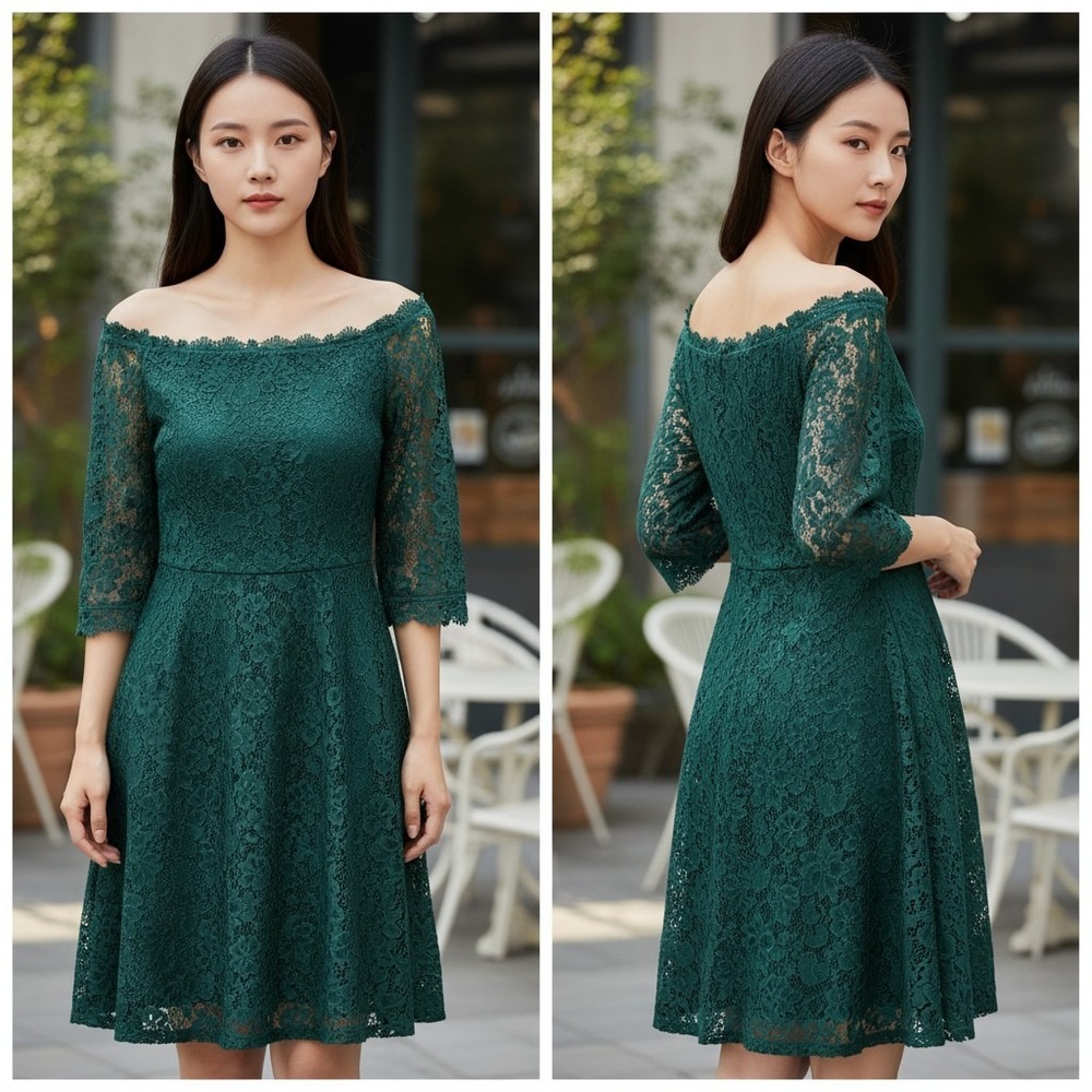 OURS Lace‎ Dress Womens Large Green Off Shoulder Floral Mini Boho Romantic Party